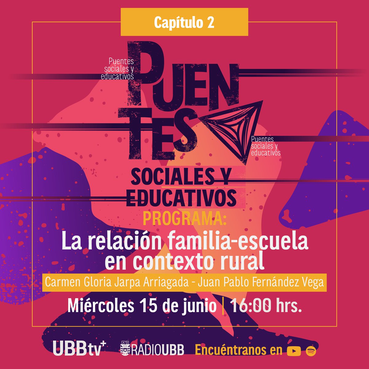 radioubbchile's tweet photo. "Puentes Sociales y Educativos" es un espacio de diálogo producido desde el Grupo de Investigación Familia, Escuela y Sociedad (FESOC).
Este miércoles 15 de junio, desde las 16:00 horas, por Radio UBB📻 y UBB TV 💻en todas sus plataformas 📱 https://t.co/x0Nx7kSL5g