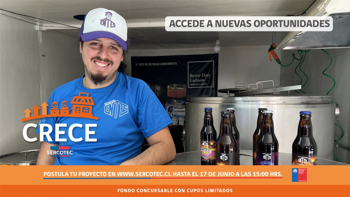 Sercotec_Chile's tweet photo. ยฟTu empresa necesita fortalecer sus competencias? Participa al igual que #CervezaEntes, beneficiario del fondo Crece 2021. Hoy, tiene una amplia gama de cervezas con sabores de otra galaxia ๐ธ
๐ Ingresa a https://t.co/Ask9rZeAvb y descarga las bases y requisitos de #Crece2022. https://t.co/m7OmIV1WRK