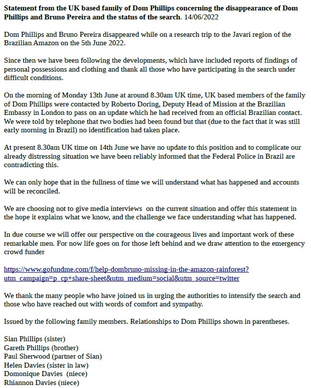 LemusteleSUR's tweet photo. En comunicado la familia de Dom Phillips relata desde Inglaterra preocupación por las contradicciones entre la embajada brasileña en Londres y la policía. Unos dicen que encontraron el cuerpo del periodista, otros que no. Dos organismos de un mismo gobierno. https://t.co/YEIH5NGkHC