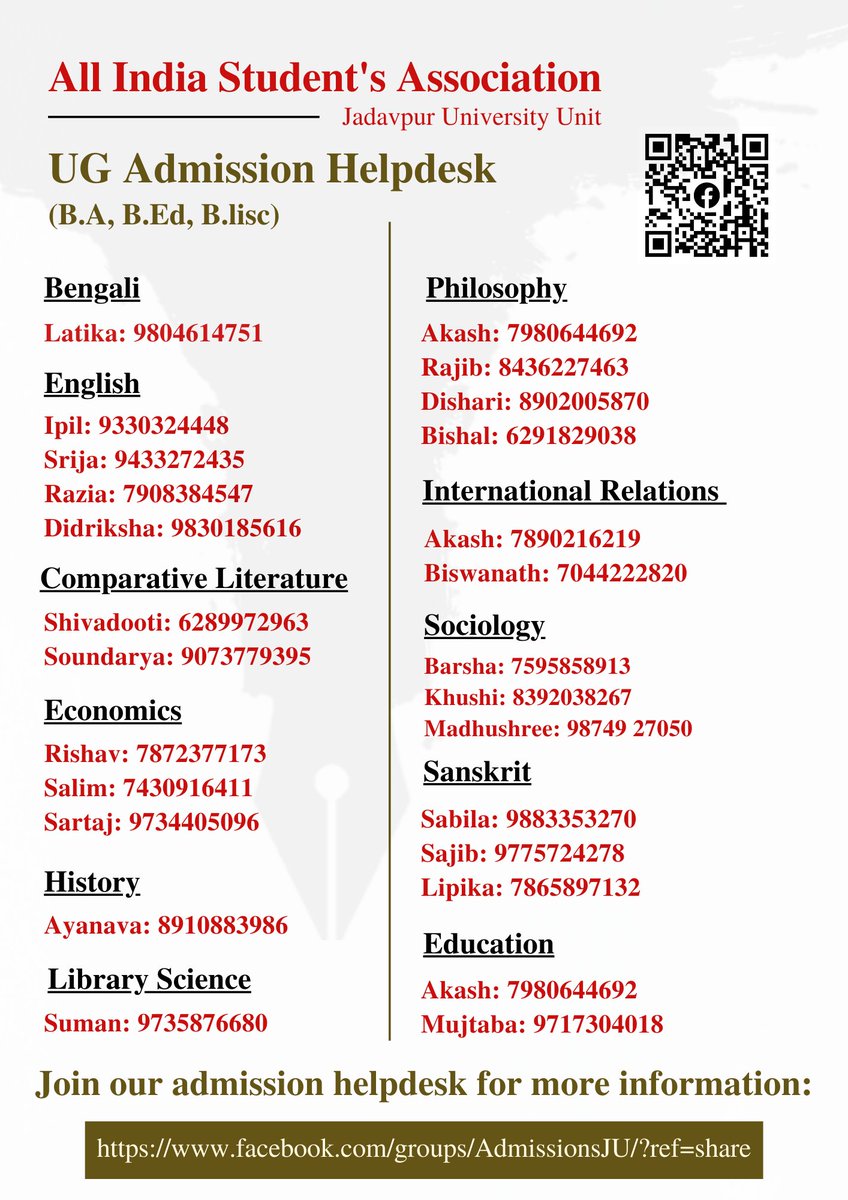 aisa_ju's tweet photo. UG Admission Helpdesk numbers for respective departments. 
Join the helpdesk, for further queries and updates: https://t.co/I1oUlvmg8Q https://t.co/yLUX4b6F7O