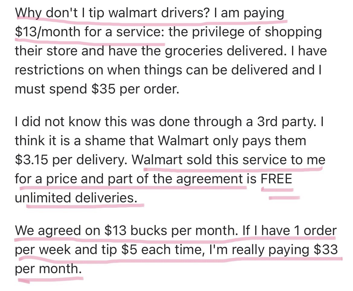 DivaDash722's tweet photo. A question was asked if you should tip your #walmart grocery delivery driver?! The consensus was…if we pay the monthly fee we shouldn’t have to tip! THIS is the mindset of a WALMART PLUS customer and it was eye opening!#tipbaiting #spark #walmartspark #deliverydriver #gigwork https://t.co/HFpQJLcBMW