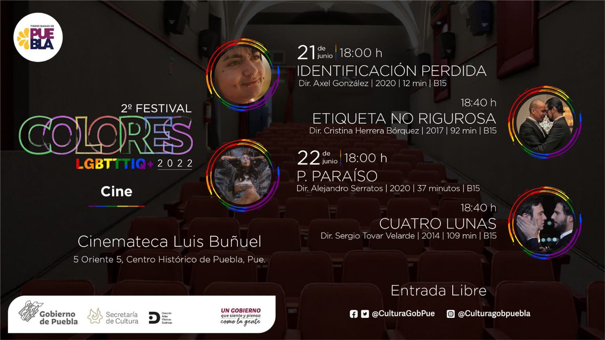 Cuatro_Lunas's tweet photo. 2o Festival Colores en Puebla
Save the date!
Miércoles 22 de junio
6pm
Cinemateca “Luis Buñuel”
Allá nos vemos! 🌈
.
.
.
#CuatroLunas #amoresamor #festivalcolores #cinematecapuebla #pride #pride2022 #prideinmexico #diversidad #lgbt #gaycinema #cinemexicano #Puebla https://t.co/XrWdQmhU4W