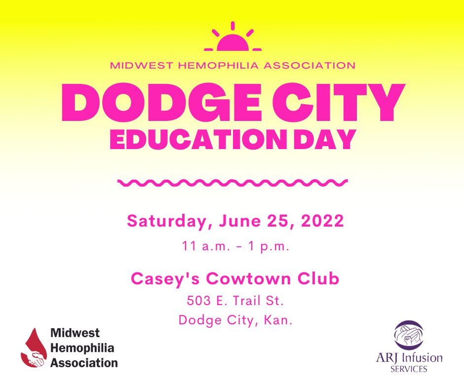 ARJInfusion's tweet photo. We look forward to connecting with our western Kansas community at Midwest Hemophilia Association’s Dodge City Education Day! Join us for food, fun, and networking Saturday, June 25, at Casey’s Cowtown Club. See you there! https://t.co/OkP6NHOYIh