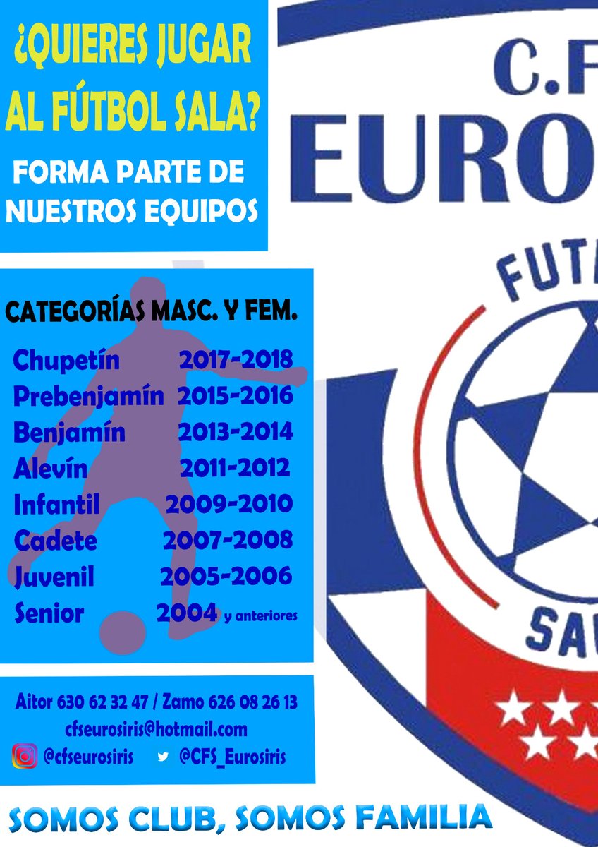 CFS_Eurosiris's tweet photo. Forma parte de la familia azul de Eurosiris!

Queremos volver a ser una referencia en el deporte base del barrio!

Mañana miércoles JORNADA DE PUERTAS ABIERTAS en la categoría Cadete-Juvenil. A las 19:30 en las pistas de Arcos de Jalón!

#FutbolSala💪🏼💙 https://t.co/0t03SIBSlK