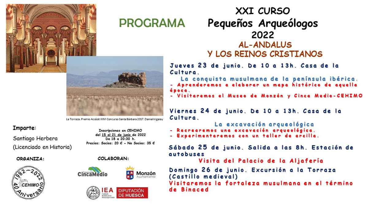 cehimo's tweet photo. Programa del XXI Curso de Pequeños #Arqueólogos. #CEHIMO @iea_huesca @AytoMonzon Comarca @CincaMedio https://t.co/lUo1dr2i7Y