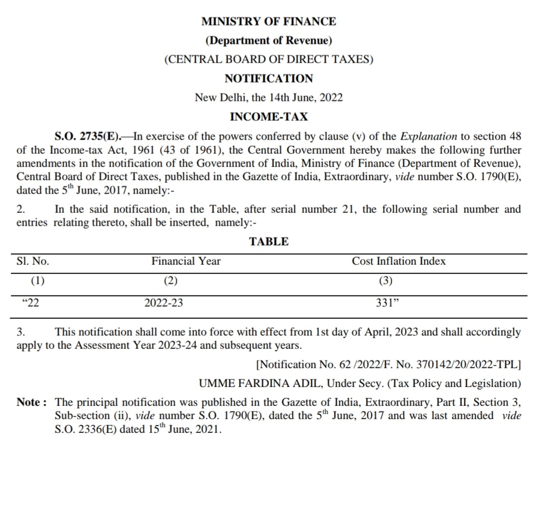 CAVijayAgrawal's tweet photo. #Cost_Inflation_Index for #Financial_Year 2022-23 Notified as #331
@jccjaipur @IncomeTaxIndia https://t.co/MyTRmeQB7d