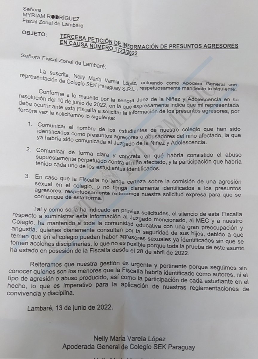 CuartoInter's tweet photo. ➡️Por tercera vez el colegio Lambare peticiona a la fiscal Myriam Rodríguez proveer información acerca de los presuntos agresores sindicados como los responsables del hecho denunciado. 

➡️También solicitaron a la Fiscalía General la auditoría de la investigación https://t.co/HPiII8eo34