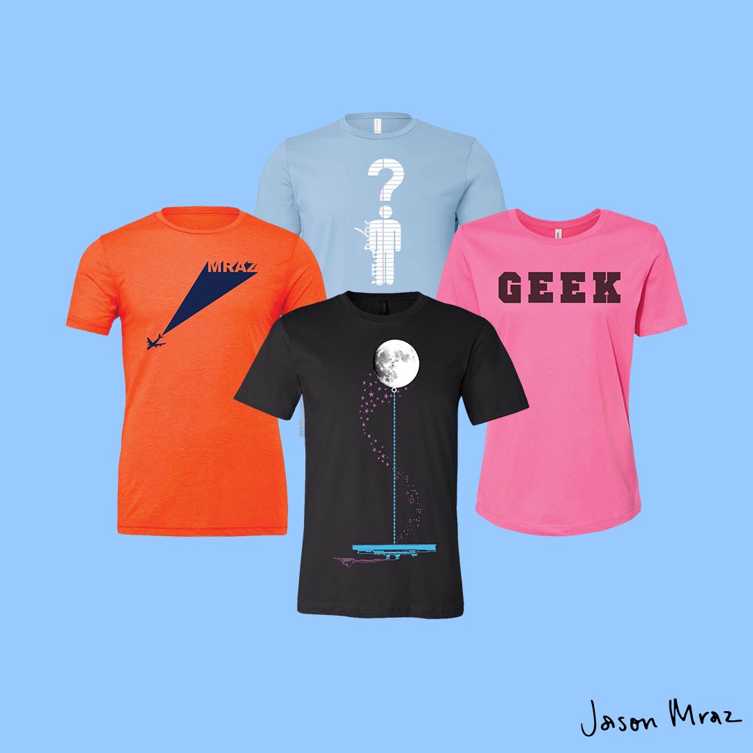 Image of four vintage t-shirt designs: Geek in the Pink (pink with word GEEK in block letters), Bella Luna (black with image of the moon), Plane (Orange with plane silhouette and word MRAZ in its trail), and Mr. Curiosity (pale blue with silhouette of man whose head is the bottom of a question mark).