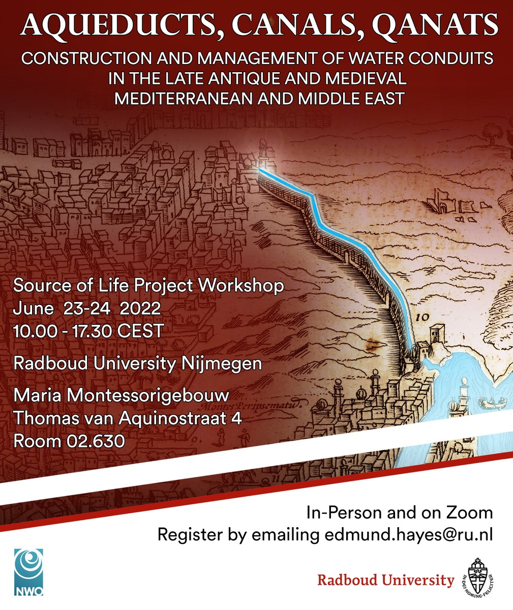 SourceofLifeRU's tweet image. We're excitedly looking forward to our Nijmegen workshop next week: 
AQUEDUCTS, CANALS, QANATS:
CONSTRUCTION AND MANAGEMENT OF WATER CONDUITS IN THE LATE ANTIQUE AND MEDIEVAL MEDITERRANEAN AND MIDDLE EAST
