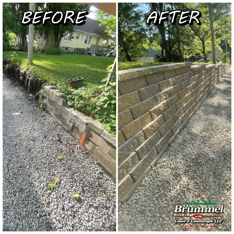 Check out the before and after picture on a wall our team just completed. Retaining walls offer a functional element to your landscape as well as enhance the look of your property. 
Give us a call to set up a free consultation. 
#retainingwalls #landscape #brummellawnandlandscape