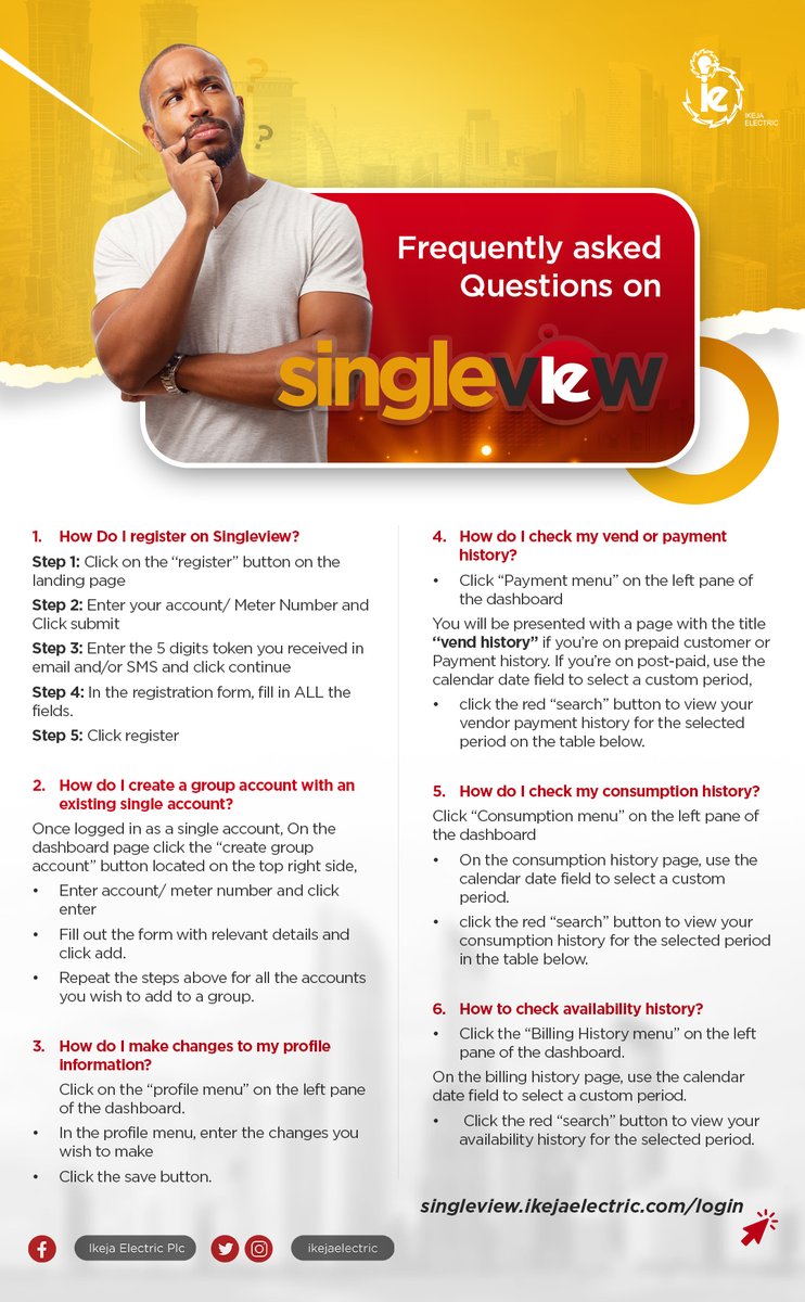 IkejaElectric's tweet image. Hello IE Customers, 

Kindly get acquainted with the singleview web application, check here for all the frequently asked questions.

IE Cares!

#SingleView
#IkejaElectric
#BringingEnergyToLifeResponsibly