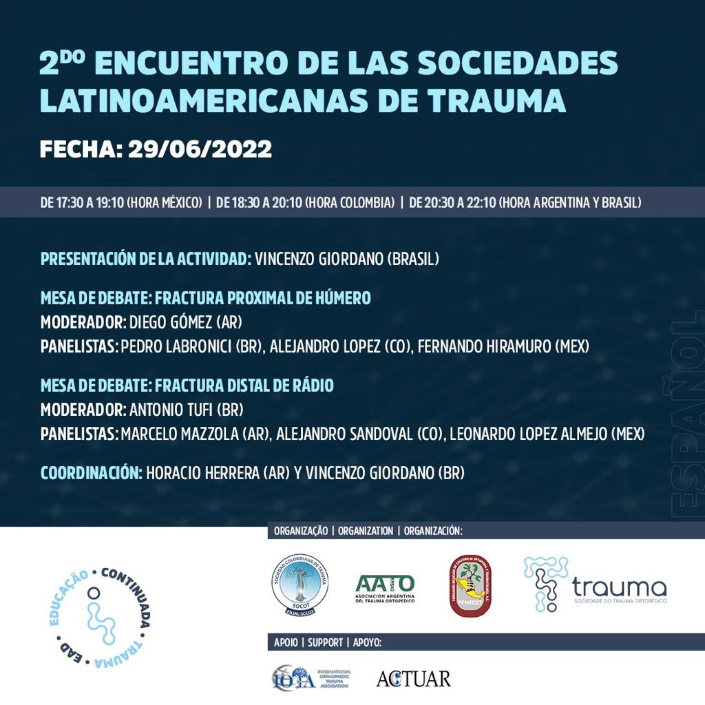 SCCOTCOLOMBIA's tweet photo. 🗣️📢 Están todos invitados al segundo encuentro de la sociedad latinoamericanas de trauma
Con la participación y representaciones SCCOT
👨⚕️Dr. Alejandro López
👨⚕️Dr. Alejandro Sandoval
Fecha: 29 de junio - 2022
Hora: 18:30 a 20:10
#SOCOT #trauma #SCCOTestaPresente #Yosoysccot https://t.co/sUd78iV2lo