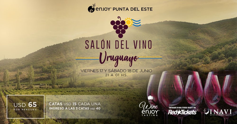 EnjoyPde's tweet photo. Este año desde #EnjoyPuntadelEste celebramos la calidad y la excelencia de los Vinos Uruguayos por eso inauguramos el primer evento dedicado exclusivamente a la presentación de cepas que se producen en Uruguay 

🍷Salón del Vino Uruguayo
17 y 18 de junio 
🎫 @RedTicketsUY https://t.co/G0OobgpbOK