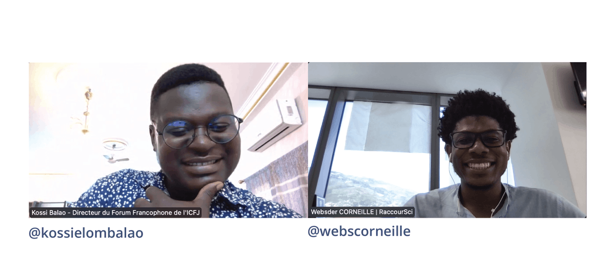 WebsCorneille's tweet photo. 1.🤝Fructueux échanges avec mon frère @kossielombalao, journaliste scientifique, président @rjsaf & animateur de communauté à @ICFJ, autour des perspectives de collaboration entre la plateforme francophone de #ComSci @RaccourSci et #RJSAF.
#vulgarisation #science @_Acfas @auf_org https://t.co/PZY76wRIXs