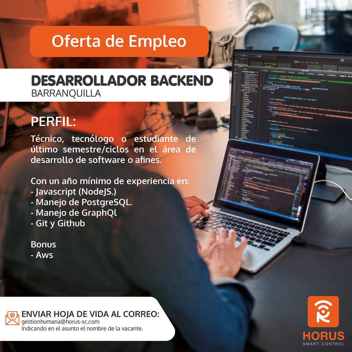 HorusAutomation's tweet photo. En @horussmartcontrol estamos buscando desarrollador frontend y backend para que se una a nuestro equipo de trabajo. Si cumples con el perfil, envía tu hoja de vida al correo señalado #TrabajoSiHay #OfertaDeEmpleo #Desarrollador #Backend #Frontend #Empleo #Barranquilla https://t.co/S38RF8aYNi