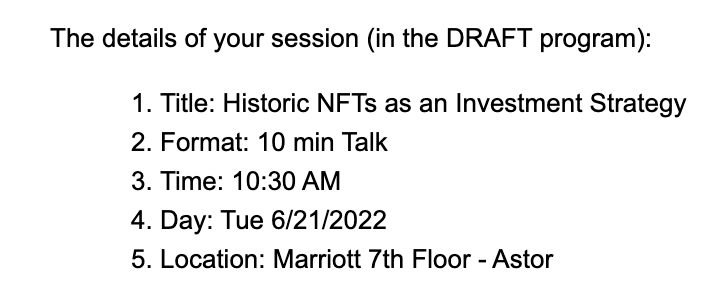 adamamcbride's tweet photo. Historical NFTs getting 10 minutes at @NFT_NYC. Making progress👊 https://t.co/ww9Otu7LrO