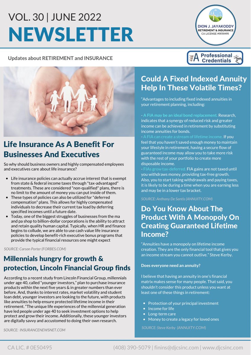 djcsinc's tweet photo. June 2022 Newsletter - Featured Article like “Life Insurance as a Benefit for Businesses &amp; Executives”.

#lifeinsurance #insurance #retirement #annuities #fixedindexedannuity #FIA #lifetimeincome 

Visit our website for more info: https://t.co/al6FD792Ef

@dionjayakoddy https://t.co/ZGV83Lc5ys
