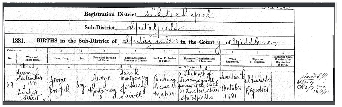 ShellyAncestry's tweet image. Hi #AncestryHour  I&apos;d like to hear what u all think about the 2 surnames in col 5&amp;amp;7 of this birth cert - also the comment to the right of the entry. Needless to say, I&apos;ve searched every variation I can think of for this name and looked at residents at 31 Qkr St  with no luck 🤔