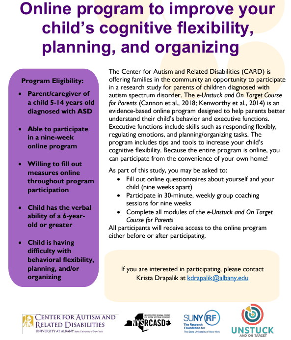 PNWNY's tweet photo. The Center for Autism and Related Disabilities is offering families an opportunity to participate in a research study for parents of children diagnosed with autism spectrum disorder.

If you are interested in participating, contact Krista Drapalik at kdrapalik@albany.edu https://t.co/lFgQfkIPMt