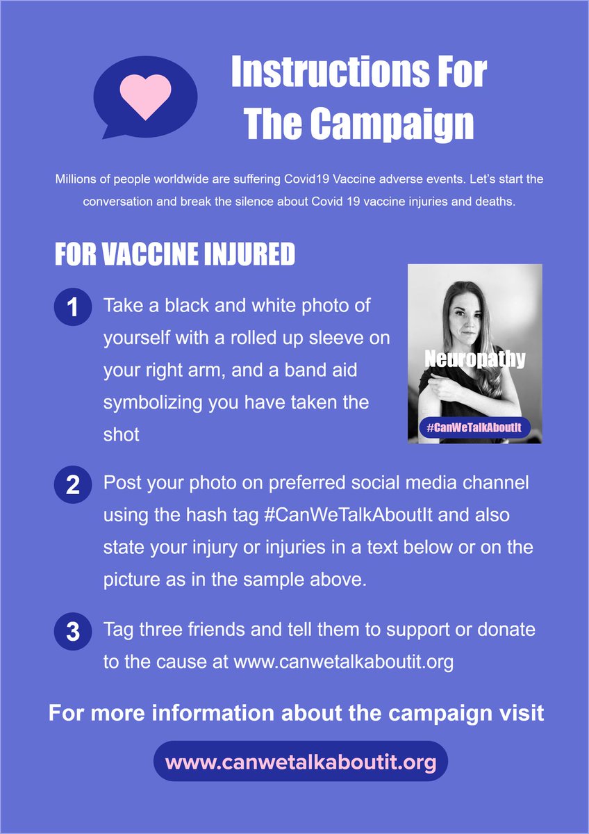 WCH_Org's tweet image. The #CanWeTalkAboutIt campaign launches today!

Millions of people worldwide are suffering from adverse events. It's time to start the conversation and end the silence. The #VaccineInjured deserve our support.

Learn more: canwetalkaboutit.org

@CWTAIC @ukcvfamily @React19org