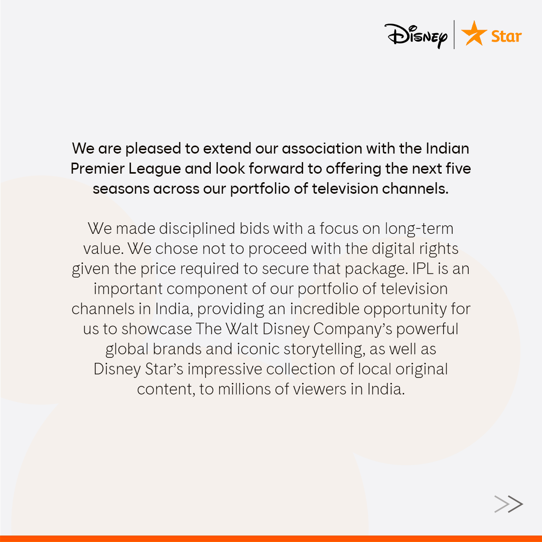 JioStar's tweet photo. We are pleased to extend our association with the Indian Premier League (IPL) and look forward to offering the next five seasons across our portfolio of television channels.

Read more here - 
https://t.co/oLVKvEM366 https://t.co/08Y7S4Fsb9