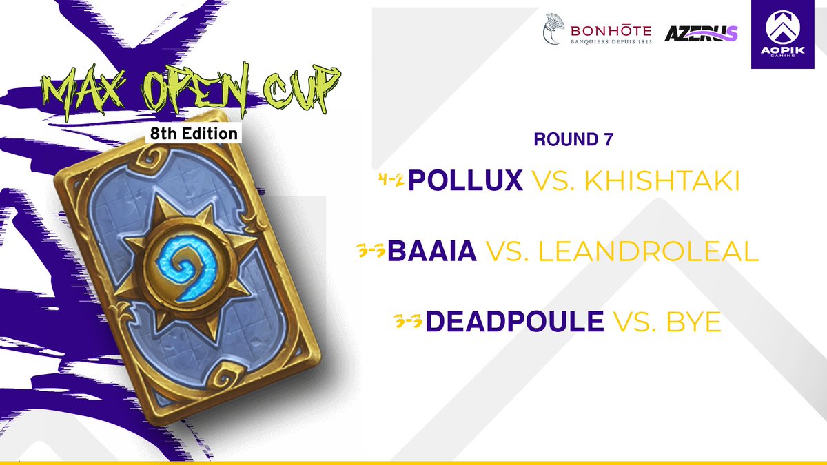AopikXamax's tweet image. C'est reparti pour une nouvelle semaine de #MAXOpenCup ! 🙌

Bonne chance @Polluxhs, @Baaia_HS &amp;amp; @DeadpouleH 🍀

#BreatheAsAopik 🏔️