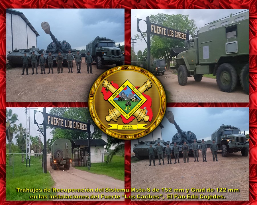 #14JUN22 Profesionales orgánicos de esta Unidad Superior, están realizando reparaciones a los Sistemas de Artillería Msta-S de 152 mm y Grad de 122 mm, que se encuentran en las instalaciones del Fuerte "Los Caribes", El Pao. Edo. Cojedes. 
#VenezuelaEnKuwait
#Somos43BAC