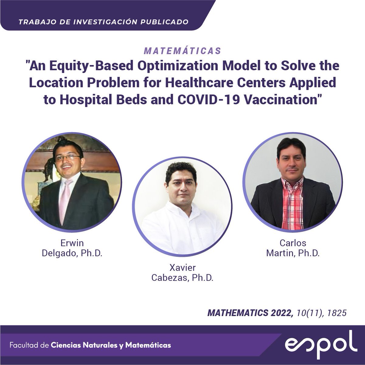 Nuestros investigadores; Erwin Delgado, Xavier Cabezas y Carlos Martin, proponen un modelo de programación no lineal para resolver un problema basado en una fórmula de cobertura utilizando el índice Gini para medir equidad y accesibilidad. Lee más. bit.ly/DCMmath @ESPOL