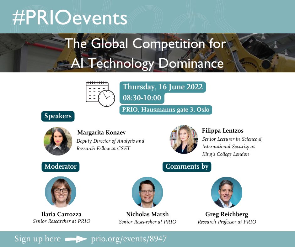 PRIOresearch's tweet photo. 📢Upcoming event!📢
We invite you to a breakfast seminar on the global competition for #AI #technology dominance, with Margarita Konaev from @CSETGeorgetown and @FilippaLentzos from @KingsCollegeLon.
Read more and sign up here👉 https://t.co/9S1qAZ4X8x
#PRIOevents https://t.co/dslC26wqtR