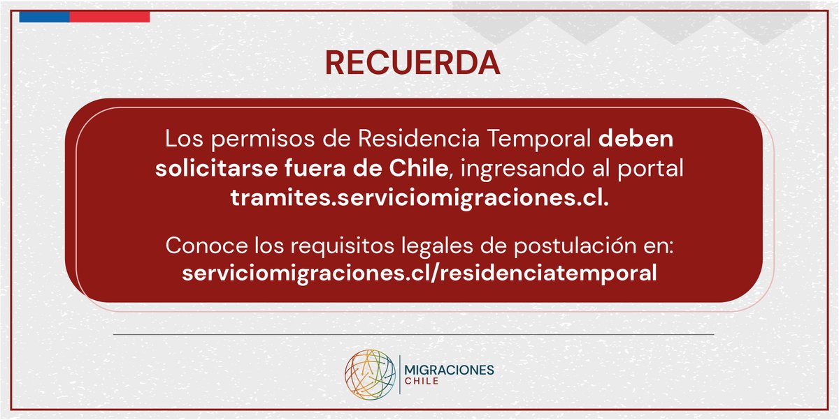 MigracionesCL's tweet photo. Si vas a postular a una Residencia Temporal, recuerda que las solicitudes se hacen fuera de Chile, ingresando al portal https://t.co/KgzXXPGg4c. 💻📱

Revisa los requisitos legales de postulación en 👉 https://t.co/nc1iN0fHmE. https://t.co/vZ1kE1ma2t