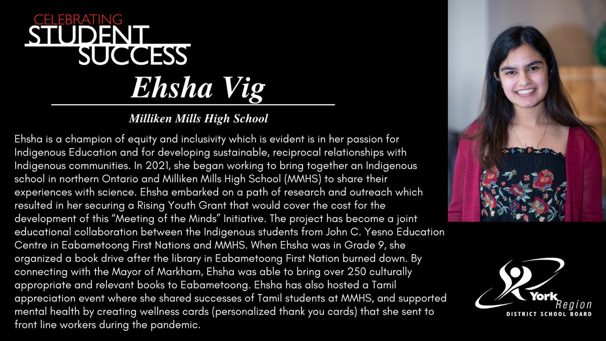 Congratulations to Ehsha Vig, a Celebrating Student Success recipient from <a href="/MillikenMHS/">Milliken Mills H.S.</a>. Ehsha is passionate about Indigenous education and developing sustainable, reciprocal relationships with Indigenous communities. To find out more about Ehsha, see ow.ly/H0mE50JrF32.