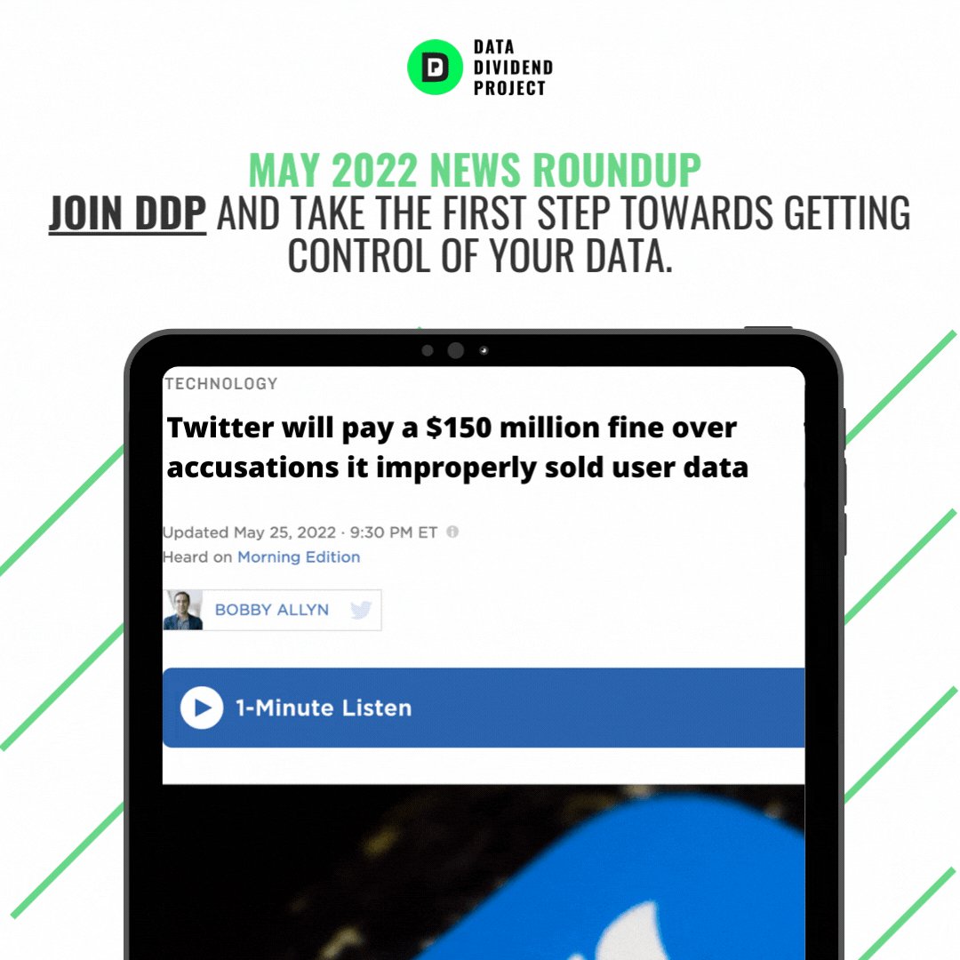 ddpforall's tweet photo. Our May 2022 News Roundup is now live!

Join the Data Dividend Project and take the first step towards getting control of your data. 

Get Privacy. Get Paid. 

Link in BIO to join DDP today! https://t.co/p0qbvUOPHt