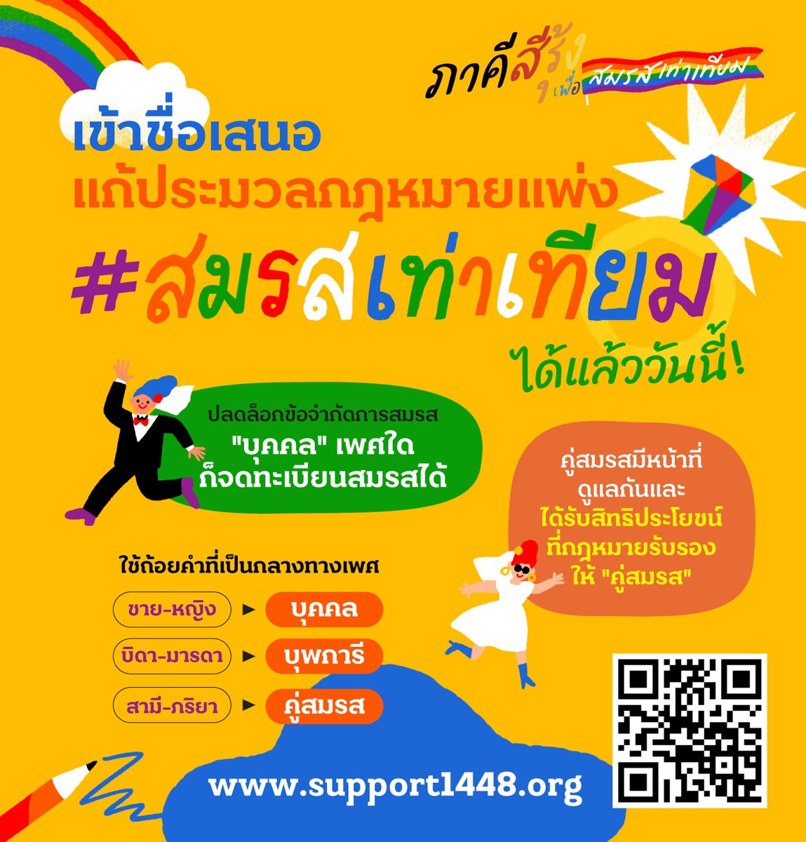 นอกจากร่างพ.ร.บ.แก้ไขกฎหมายแพ่ง #สมรสเท่าเทียม เสนอโดยส.ส.พรรคก้าวไกล ที่สภาจะพิจารณาพรุ่งนี้

ยังมีร่างกฎหมาย #สมรสเท่าเทียม อีกฉบับจากภาคประชาชน กำลังเปิดให้ประชาชนร่วมลงชื่อ เพื่อเสนอกฎหมายอีกฉบับ ต่อสภาผู้แทนราษฎร

ลงชื่อเพื่อเสนอกฎหมายเข้าสภาได้ที่ support1448.org