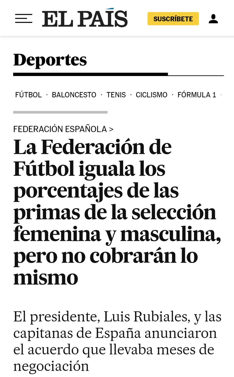 ⛔ BULO de <a href="/Yolanda_Diaz_/">Yolanda Díaz</a>. "La equiparación de sueldos de las selecciones femenina y masculina de fútbol repara una deuda histórica... A igual trabajo, igual salario".

❌ FALSO: Se equiparan las primas, no los salarios.
