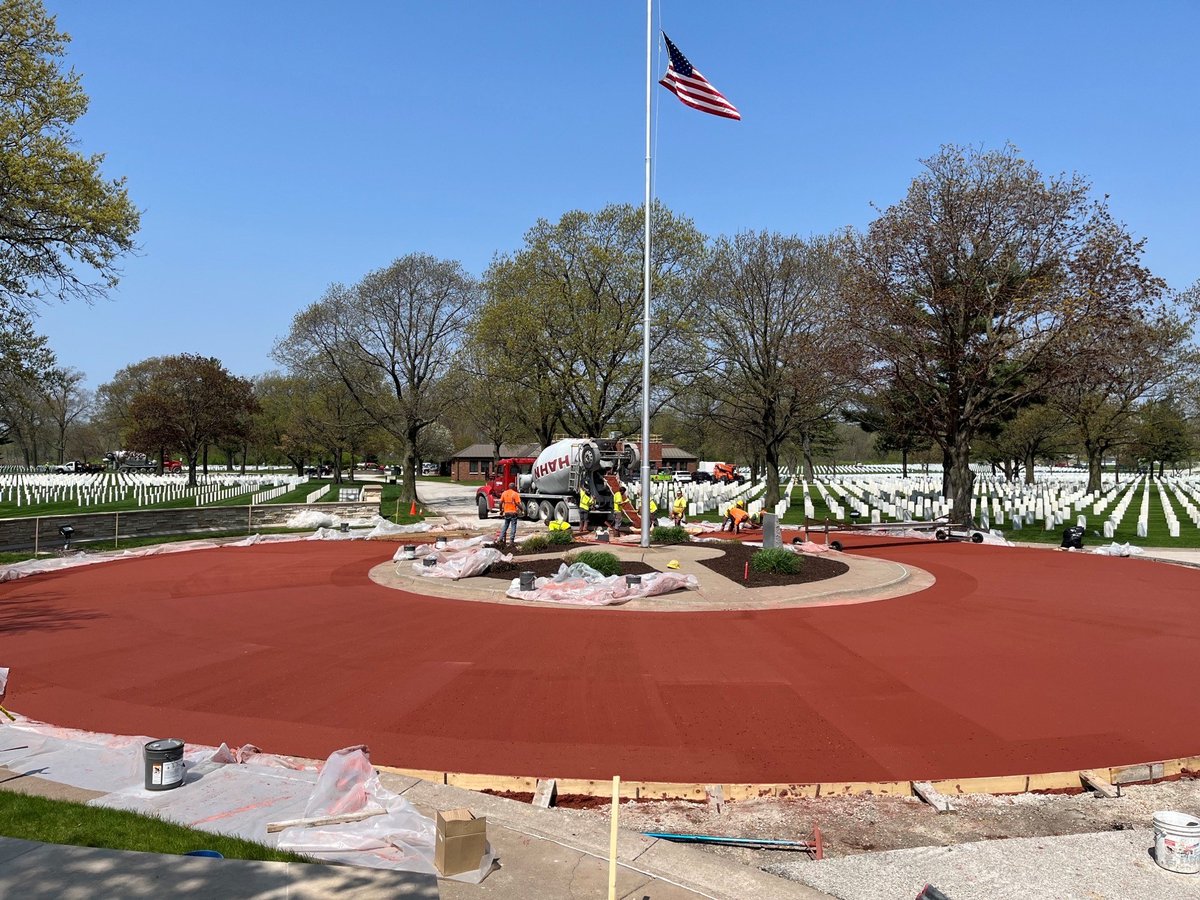McCarthyImprove's tweet photo. It’s been an honor working on a project that honors the military service of our Nation's veterans. The Sorrento Red concrete from Hahn Ready Mix and the flag pole are situated next to the main gathering area for funeral services. https://t.co/pGVG03aahT