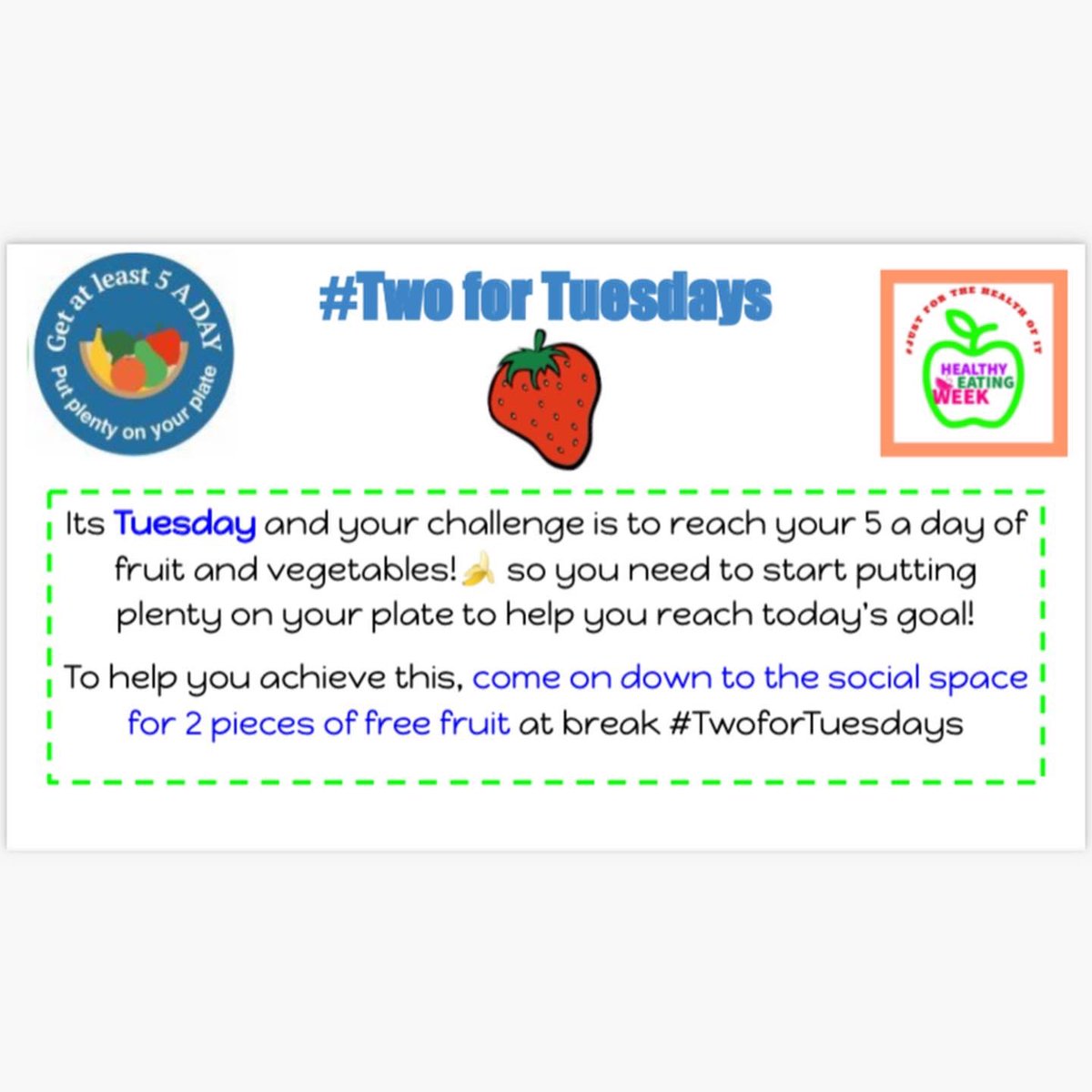 BishopbriggsFCS's tweet photo. It was #TwoforTuesday today. Fruit was handed out at break time to help our pupils to reach their 5 a day 🍓🍉🍌🍏🍇🍊🍋🥝
#justforthehealthofit #healthyeatingweek https://t.co/N7rMyEE1SB