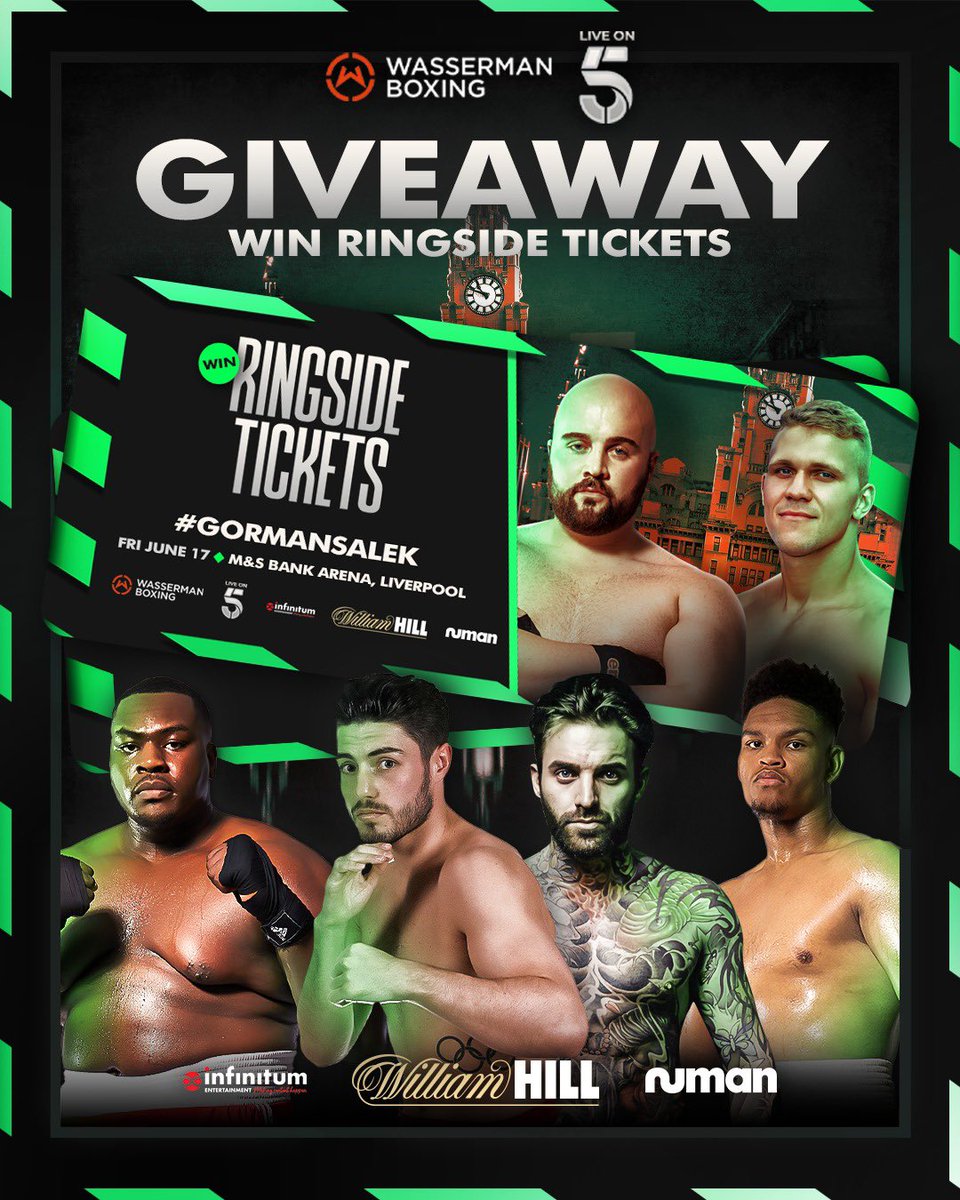 WassermanBoxing's tweet photo. 🚨 COMPETITION: Win a pair of RINGSIDE tickets for #GormanSalek this Friday in Liverpool live on @channel5_tv 🥊 

🗳 To enter:

🤝 Retweet and follow @WassermanBoxing and @SauerlandBros 

✍️ Tag the mate you’d bring with you

Winners announced on Thursday evening - good luck!🤞 https://t.co/GfLXFG2uAK