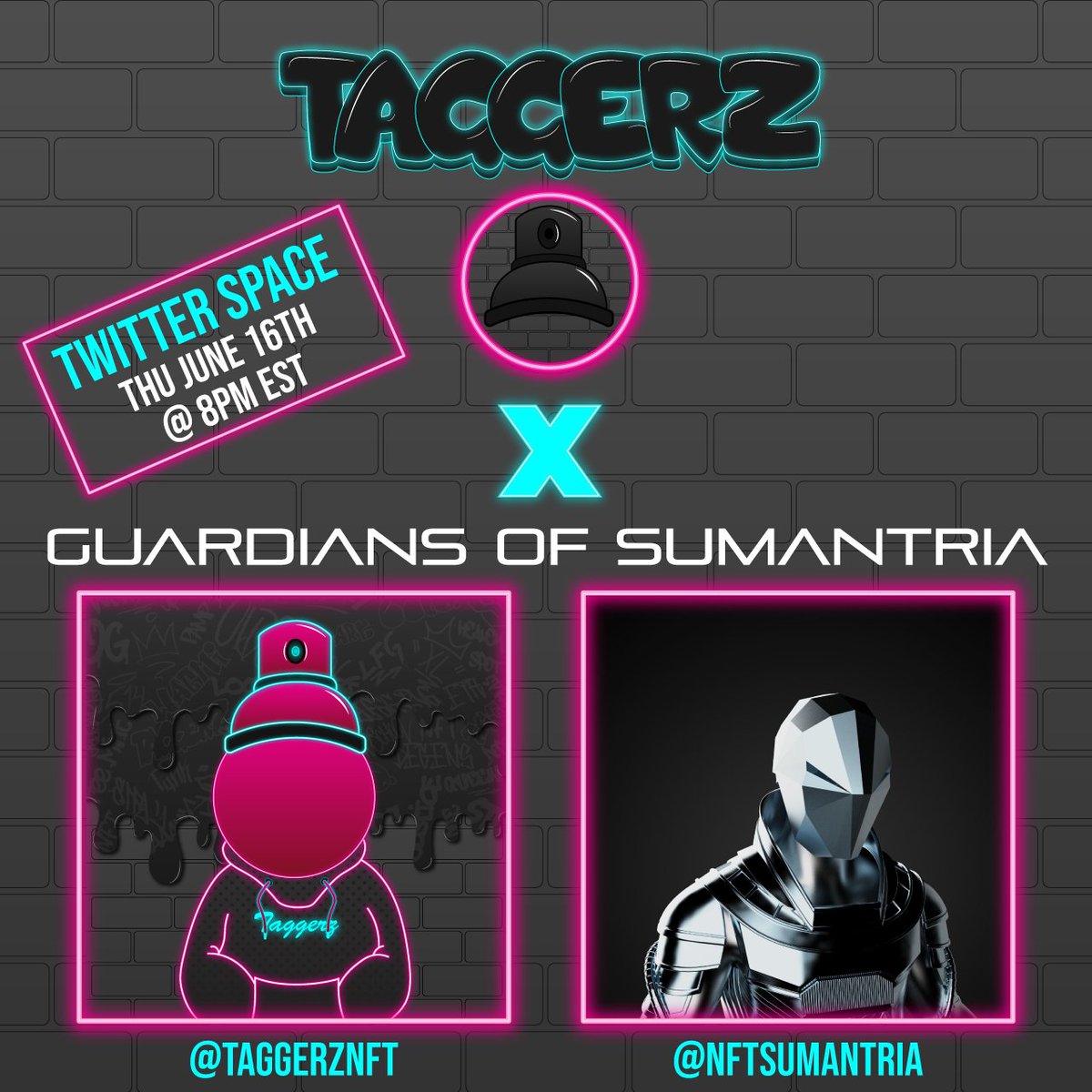 Set a reminder for GOS x TAGGERZ Twitter Space Thu June 16th @ 8PM EST! 
🏷️ Follow @taggerzNFT &amp; <a href="/NFTsumantria/">Guardians of Sumantria</a> 
🏷️ Like &amp; RT
🏷️ Join both Discords!