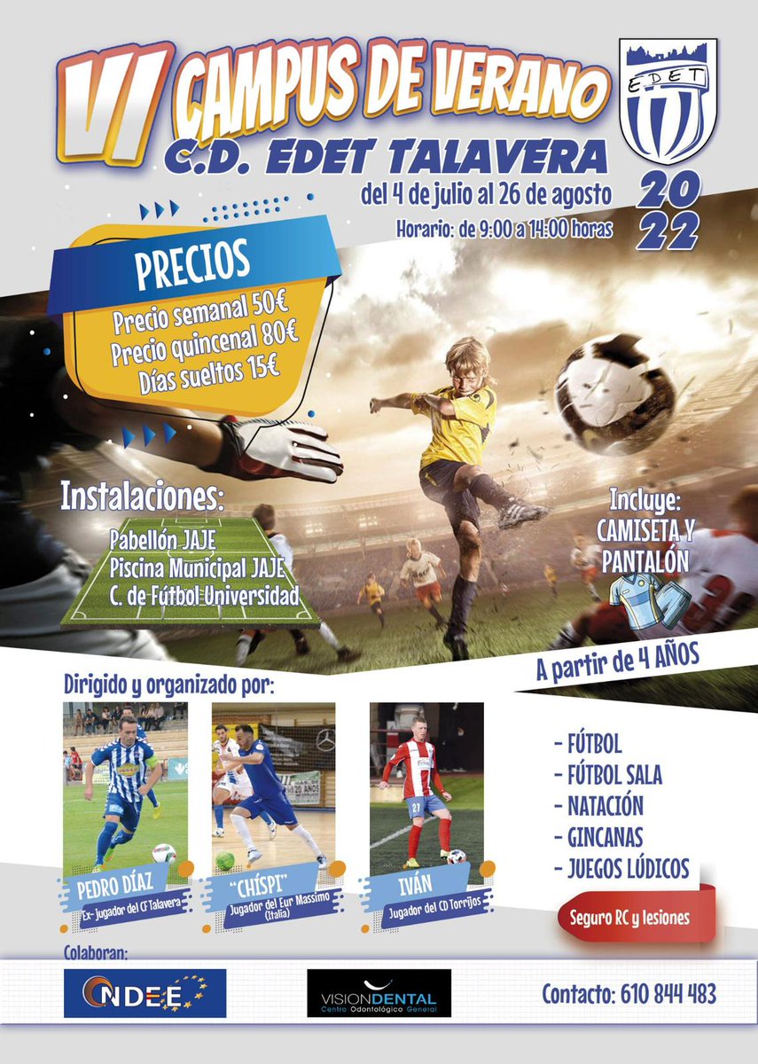 CFTALAVERACANT's tweet photo. AÚN QUEDAN PLAZAS DIPONIBLES!!!! 

Vente a disfrutar del verano con fútbol, fútbol-sala y demás deportes, además de piscina en grupo y con amigos. NO TE LO PIERDAS!!!

INSCRIPCIÓN 610844483 https://t.co/rq3pg7IinF