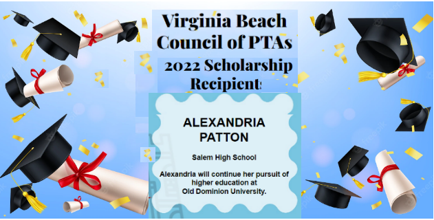 SalemHSVBPTSA's tweet photo. Congratulations to Alexandria Patton - Salem HS Senior who received the Virginia Beach Council PTA $500.00 Scholarship. Best of Luck to You at ODU!
@SalemHSVB 
@kypatton https://t.co/ET3mo51Wmo