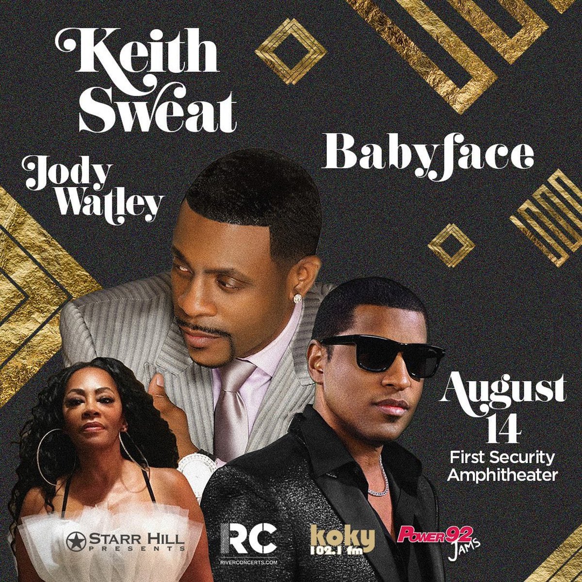 jodywatley's tweet photo. Little Rock, AR 
JUST ANNOUNCED! 
R&amp;B Superstars Keith Sweat, Babyface &amp; Jody Watley will take the First Security Amphitheater stage on August 14th.  Welcomed by KOKY 102.1 &amp; Power 92 Jams, tix on sale tomorrow at 10am - you can get yours w no fees if you purchase before 6.19 https://t.co/OQ7fa7RQ5d