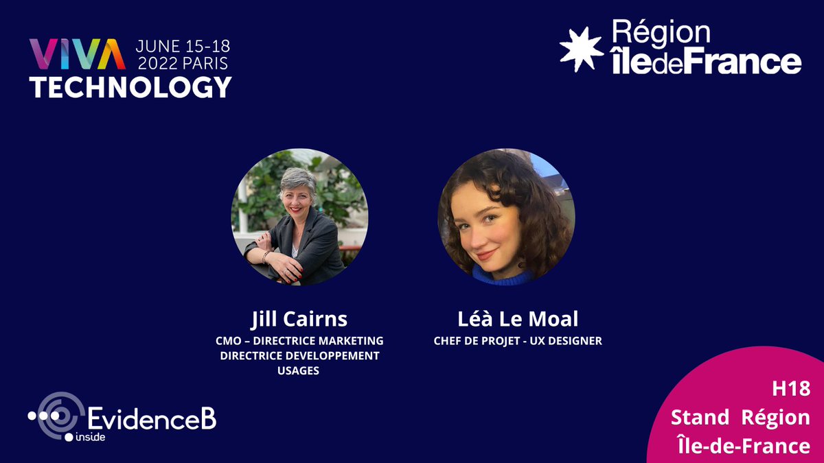📢J-1 
Retrouvez #EvidenceB au salon @vivatech ! 
Vous souhaitez en savoir plus sur nos produits et notre collaboration avec la Région <a href="/iledefrance/">Région Île-de-France</a> ? Retrouvez <a href="/Ji_Cairns/">Jill Cairns</a> et Léa Le Moal à partir de mercredi. Tout le programme ici : evidenceb.fr/articles/evide…
#vivatech #edtech #IA