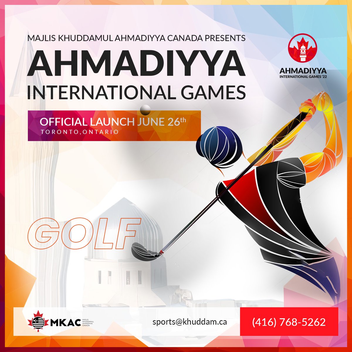 The 1st 𝗔𝗵𝗺𝗮𝗱𝗶𝘆𝘆𝗮 𝗜𝗻𝘁𝗲𝗿𝗻𝗮𝘁𝗶𝗼𝗻𝗮𝗹 𝗚𝗮𝗺𝗲𝘀, organized by Ahmadiyya Muslim Youth Association Canada will be held from June 26, 2022.

We'll have Tennis 🎾, Flag Football and Golf ⛳️ among other games as part of #AhmadiyyaGames 

#Tennis #FlagFootball #Golf