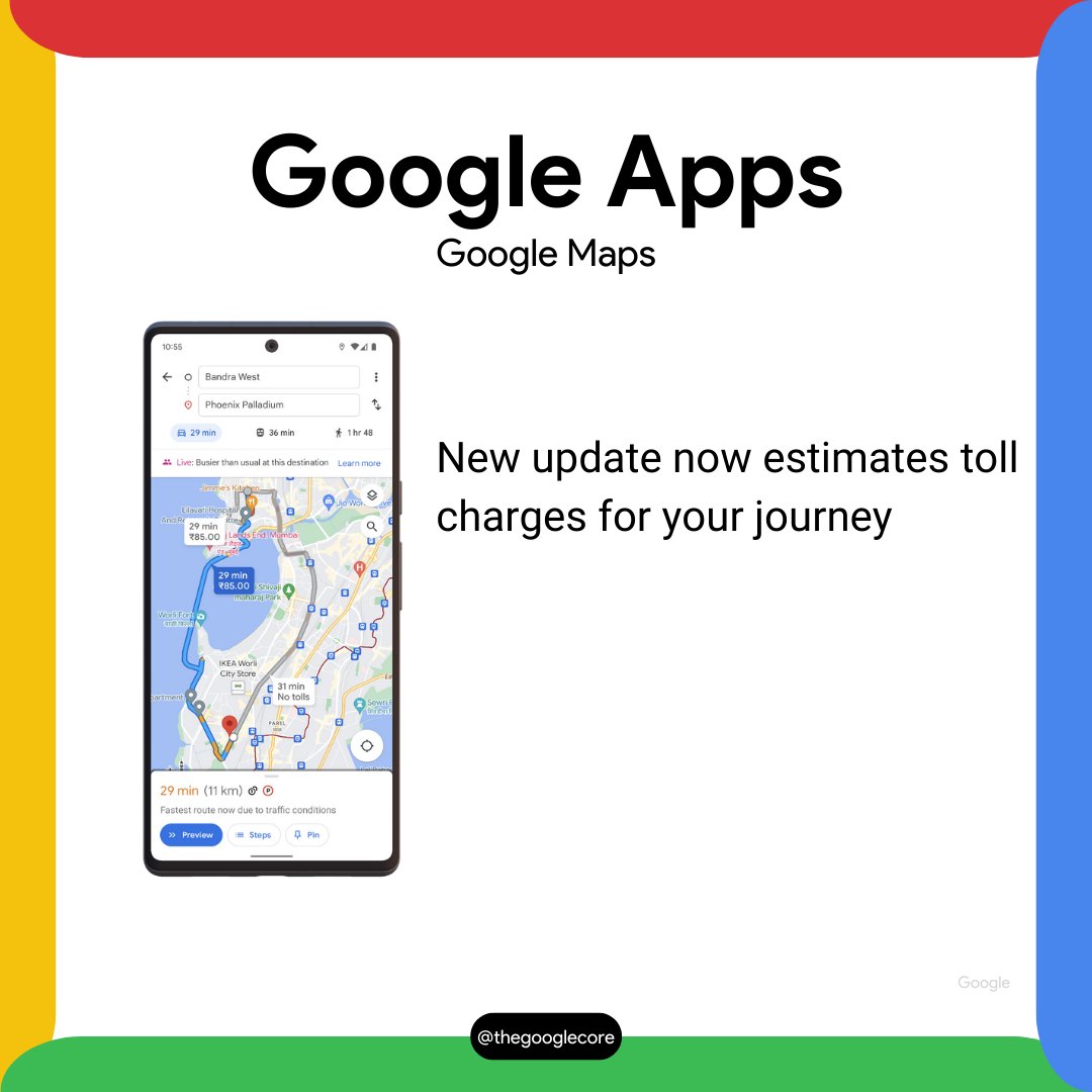 thegooglecore's tweet photo. New Google Maps update now gives you estimates on toll charges for your journey. https://t.co/jPzRMlspmX