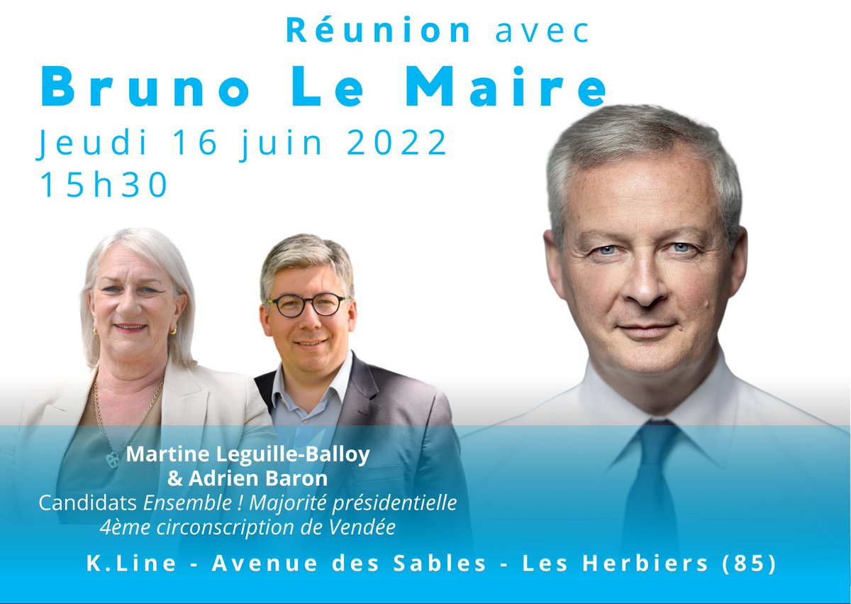 🛑 REUNION AVEC BRUNO LE MAIRE 🛑
📆 Jeudi 16 juin
⏰ 15h30
📍 Aux Herbiers (avenue des Sables (Amphithéâtre, siège du Groupe K-Line)
➡️ Sur invitation uniquement (martine.leguille-balloy@avecvous.fr)