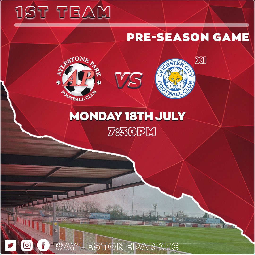 officialAPFC's tweet photo. APFC are super thrilled that @LCFC have agreed to bring a City Select XI to AP to finally open our new Grandstand in a brill showcase game.
🗓 Monday 18th July
🆚 @LCFC 
🏟 APFC, LE2 6TG
🕢 7:30pm KO
💷 £5 adults &amp; £3 concessions (Cash on the gate) 
🔴 #aylestoneparkfc https://t.co/1GDrMwUTp9