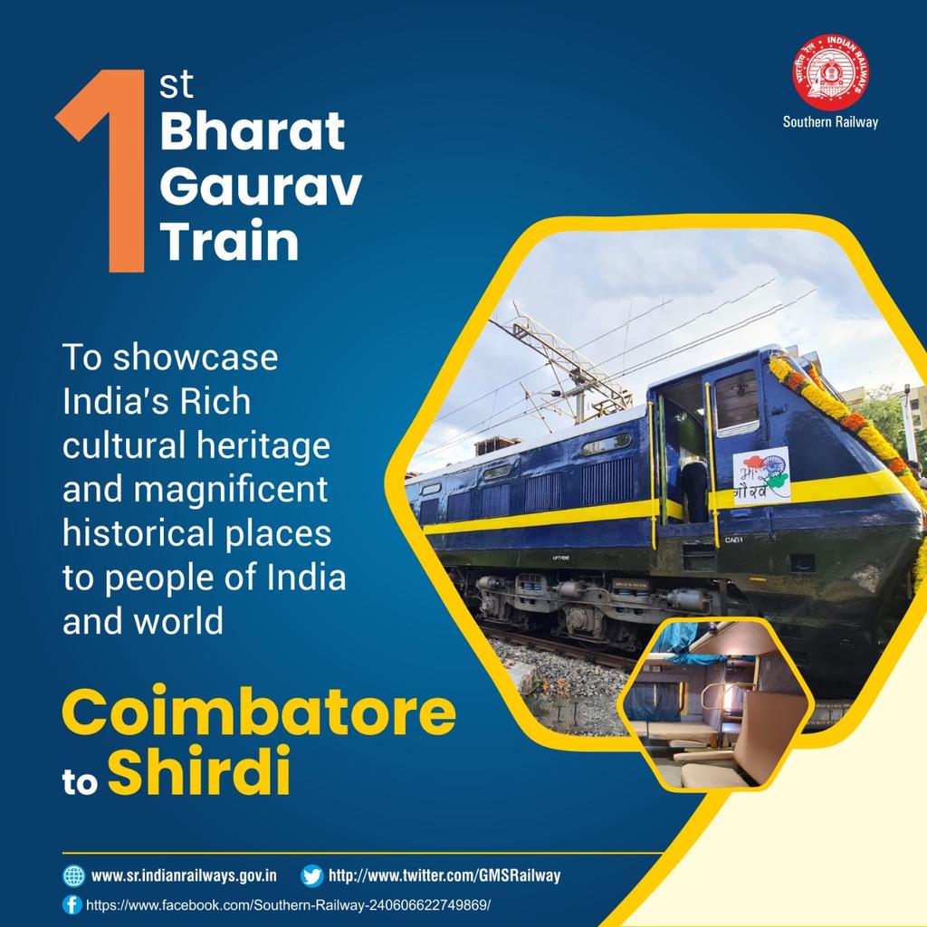 RailMinIndia's tweet photo. Celebrating India's Culture &amp; Boosting Domestic Tourism!

The maiden journey of India's first Bharat Gaurav Train from Coimbatore North to Sainagar Shirdi and back commenced today.
The train provides a soothing ambience with PA system playing devotional songs &amp; mantras. https://t.co/SWY7FRA2n8