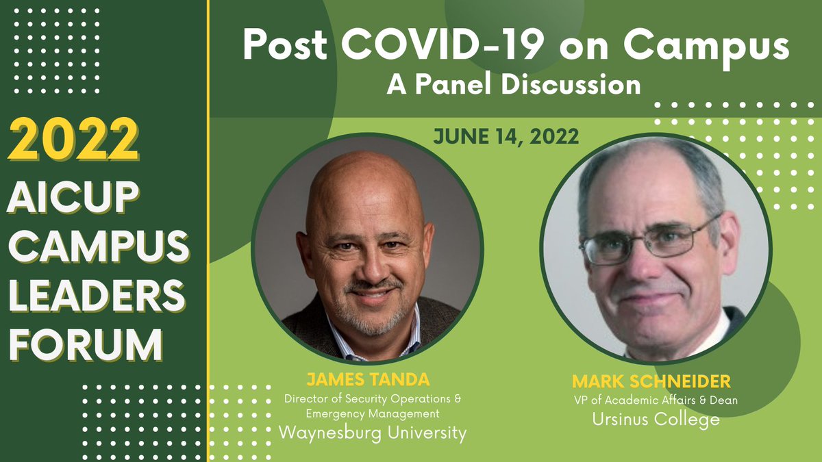 AICUP (@aicup) on Twitter photo Our AICUP Campus Leaders Forum is kicking off today with a panel discussion looking at post covid-19 on campus. Looking forward to an excellent discussion with James Tanda of <a href="/WaynesburgU/">Waynesburg University</a> and Mark Schneider of <a href="/UrsinusCollege/">Ursinus College</a>!
#AICUPcampusleaders Our AICUP Campus Leaders Forum is kicking off today with a panel discussion looking at post covid-19 on campus. Looking forward to an excellent discussion with James Tanda of <a href="/WaynesburgU/">Waynesburg University</a> and Mark Schneider of <a href="/UrsinusCollege/">Ursinus College</a>!
#AICUPcampusleaders