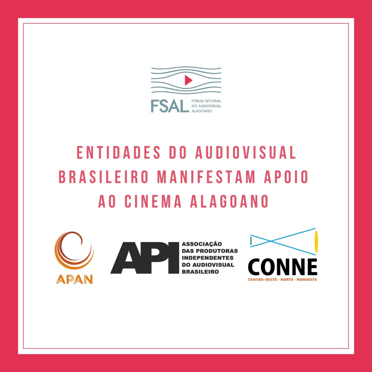 fsalcinema's tweet photo. A API - Associação das Produtoras Independentes do Audiovisual Brasileiro; A CONNE – Conexão Audiovisual Centro-Oeste, Norte e Nordeste e a @APANegraAPAN manifestaram apoio a carta publicada pelo FSAL que condena o patrocínio direto do governo de Alagoas a um único filme. https://t.co/SSaYuv8l9D