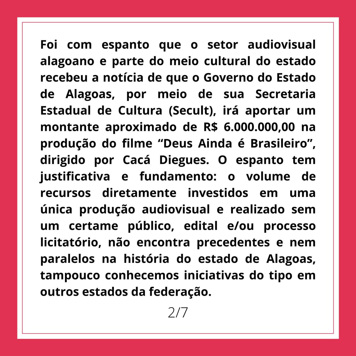fsalcinema's tweet photo. A API - Associação das Produtoras Independentes do Audiovisual Brasileiro; A CONNE – Conexão Audiovisual Centro-Oeste, Norte e Nordeste e a @APANegraAPAN manifestaram apoio a carta publicada pelo FSAL que condena o patrocínio direto do governo de Alagoas a um único filme. https://t.co/SSaYuv8l9D